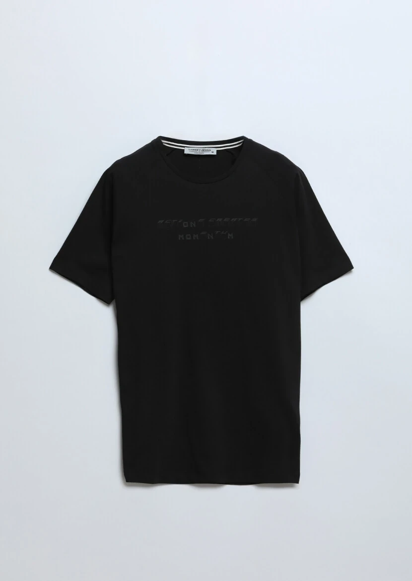 Siyah Baskılı Bisiklet Yaka %100 Pamuk T-Shirt - 5