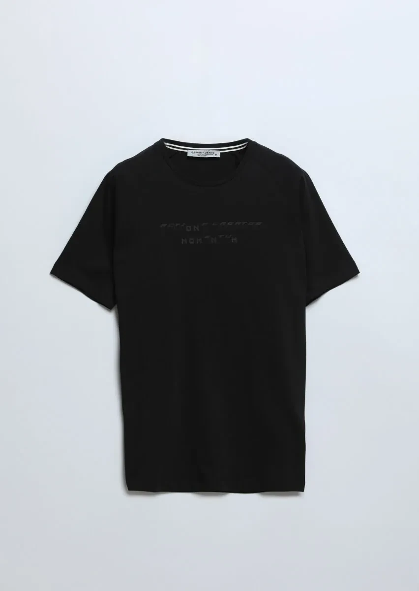 Siyah Baskılı Bisiklet Yaka %100 Pamuk T-Shirt - 5