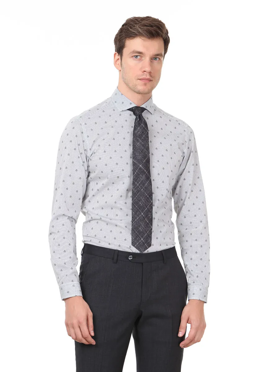 Siyah Baskılı Slim Fit Dokuma Casual %100 Pamuk Gömlek - 1