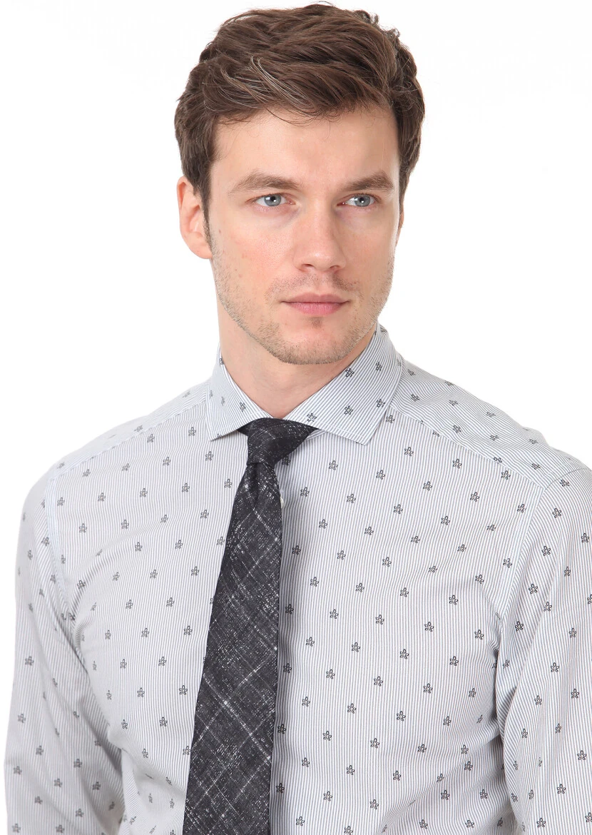 Siyah Baskılı Slim Fit Dokuma Casual %100 Pamuk Gömlek 