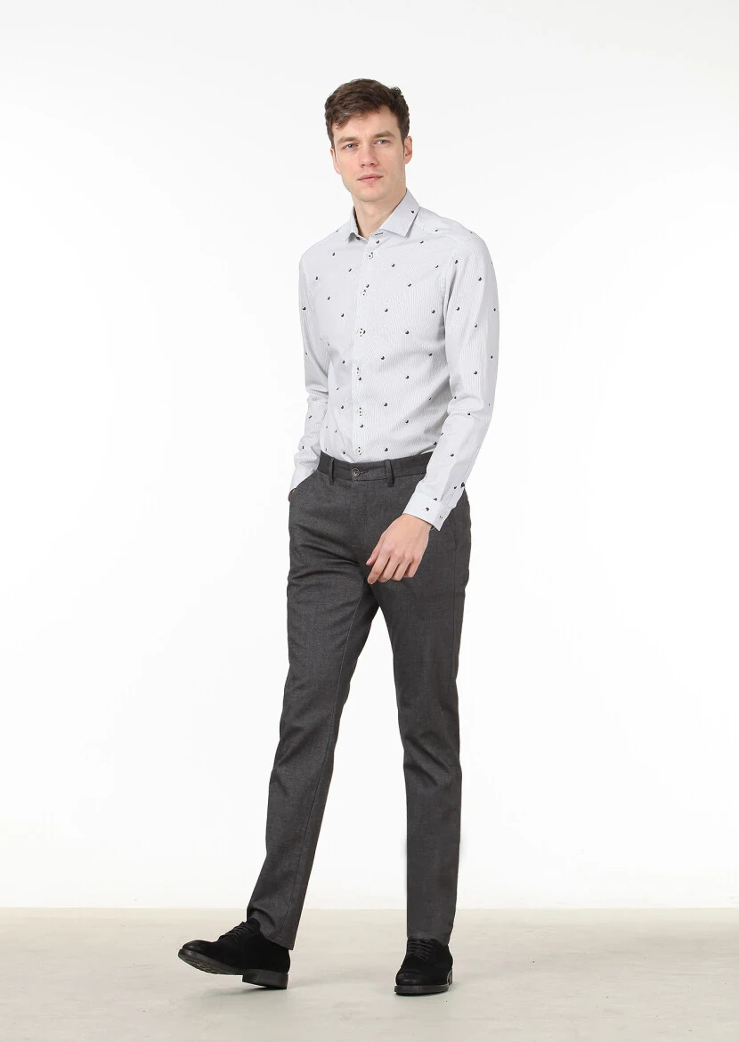 Siyah Baskılı Slim Fit Dokuma Casual %100 Pamuk Gömlek 