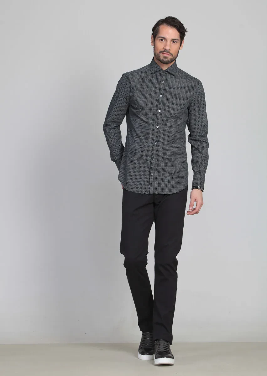 Siyah Baskılı Slim Fit Dokuma Klasik Pamuk Karışımlı Gömlek - 1