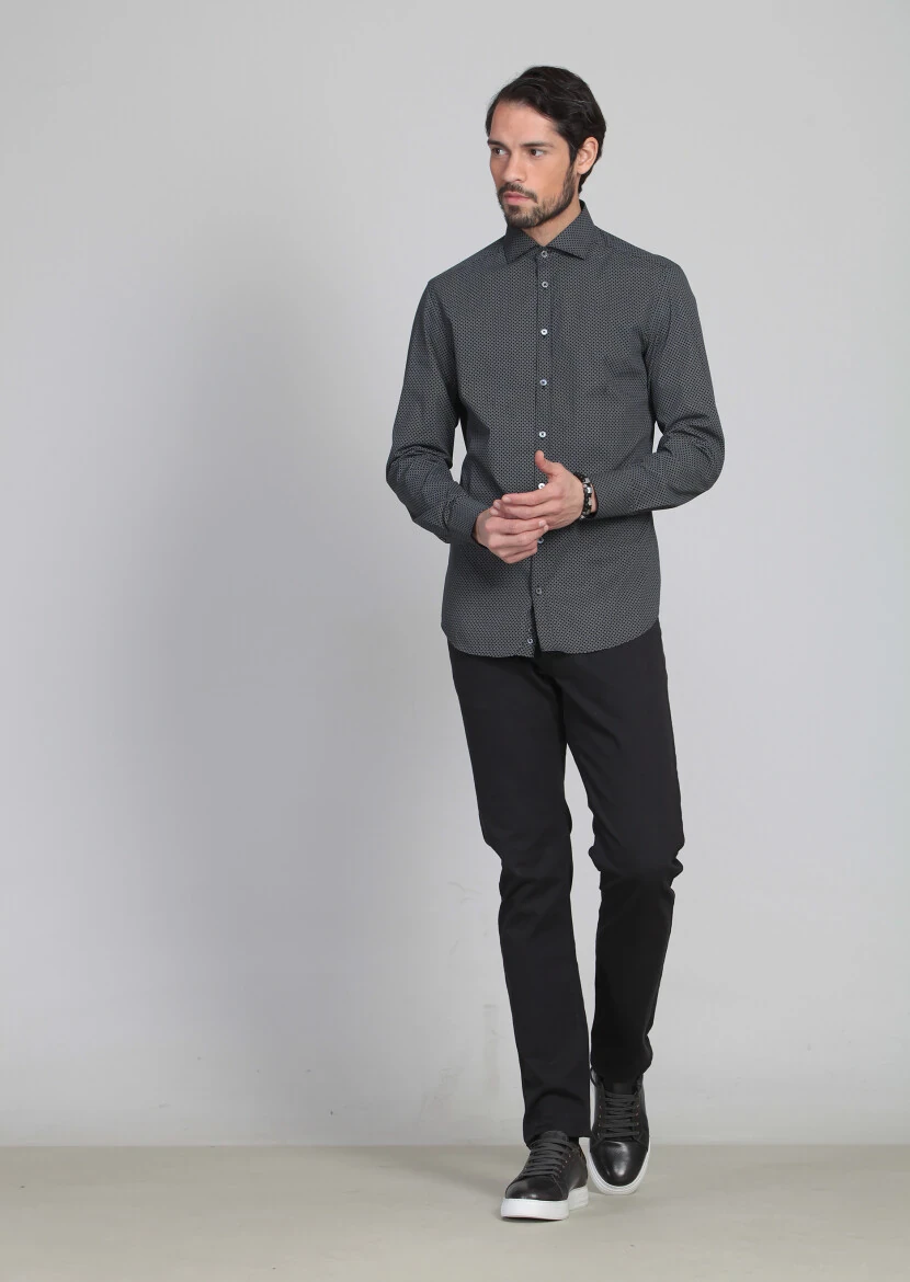 Siyah Baskılı Slim Fit Dokuma Klasik Pamuk Karışımlı Gömlek - 2