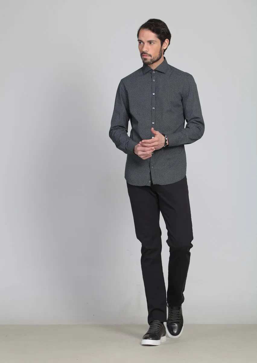 Siyah Baskılı Slim Fit Dokuma Klasik Pamuk Karışımlı Gömlek - 2