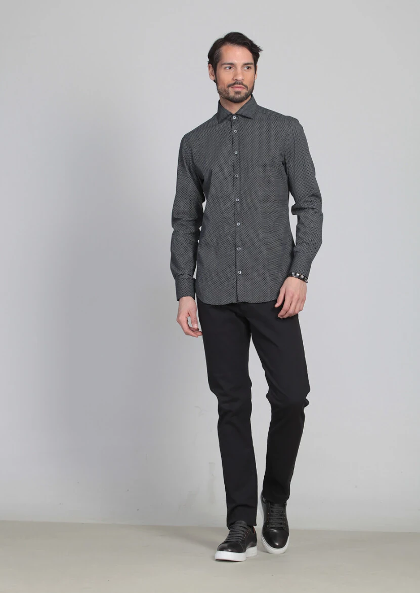 Siyah Baskılı Slim Fit Dokuma Klasik Pamuk Karışımlı Gömlek - 3