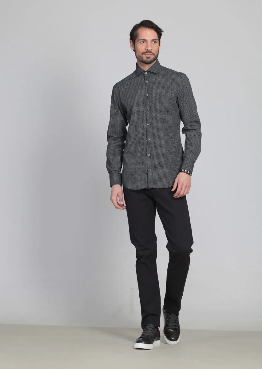Siyah Baskılı Slim Fit Dokuma Klasik Pamuk Karışımlı Gömlek - 3