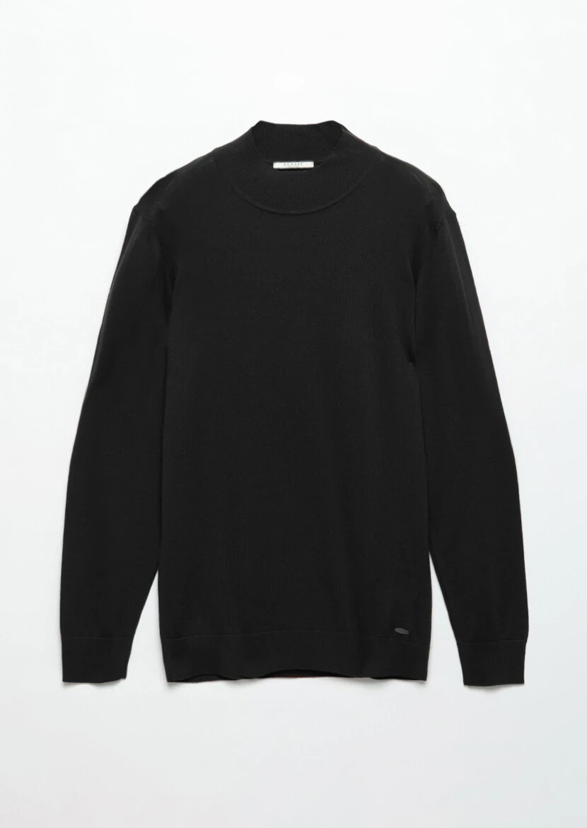 Siyah Bato Yaka Düz Örgü Yün Karışımlı Triko Kazak - 7