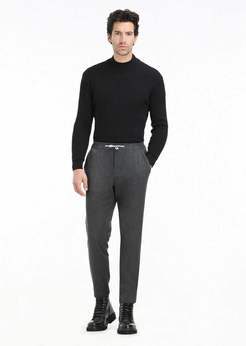 Siyah Bato Yaka Jakarlı Yün Karışımlı Triko Kazak - 1