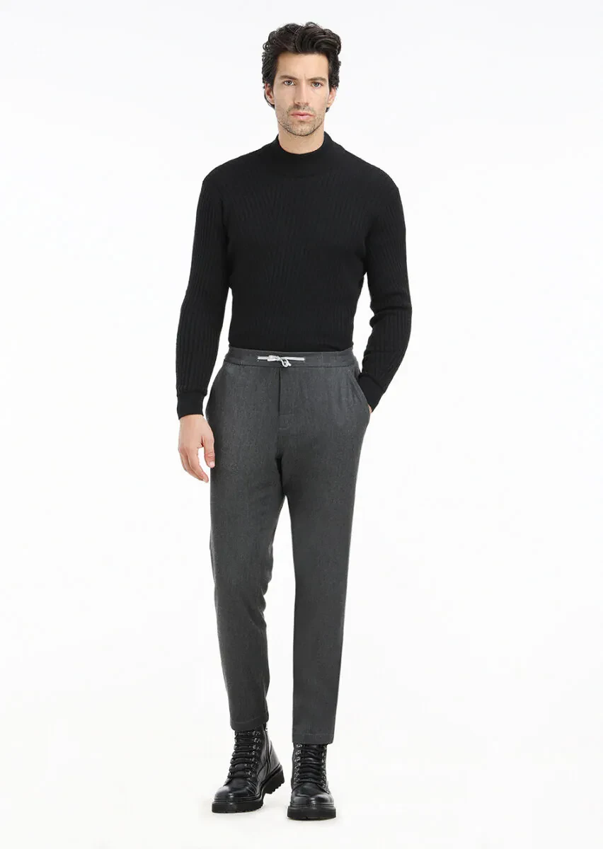 Siyah Bato Yaka Jakarlı Yün Karışımlı Triko Kazak - 1