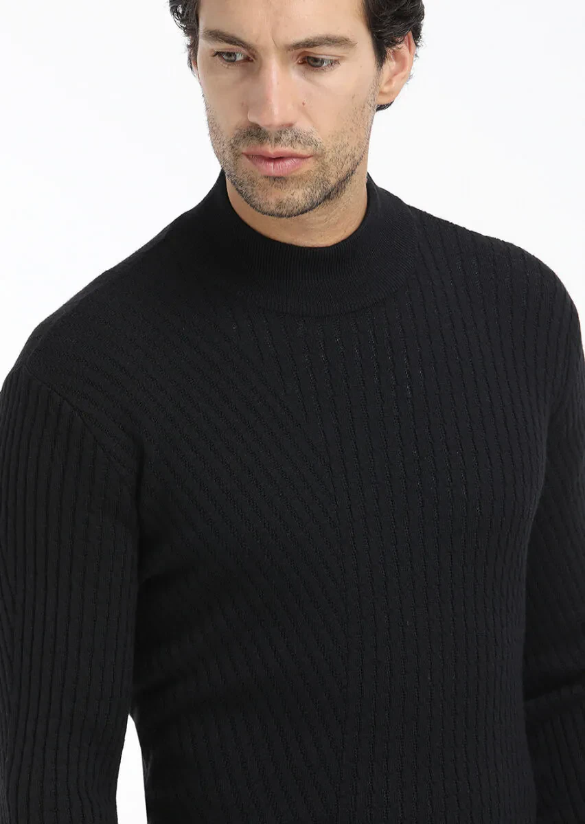 Siyah Bato Yaka Jakarlı Yün Karışımlı Triko Kazak - 2