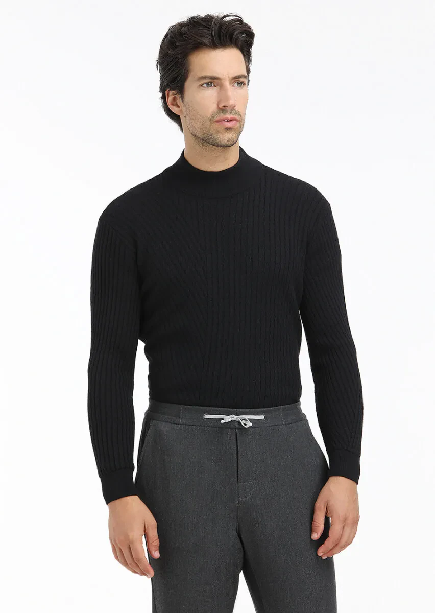 Siyah Bato Yaka Jakarlı Yün Karışımlı Triko Kazak - 3
