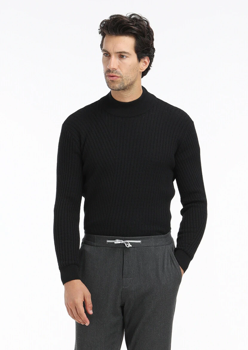 Siyah Bato Yaka Jakarlı Yün Karışımlı Triko Kazak - 4
