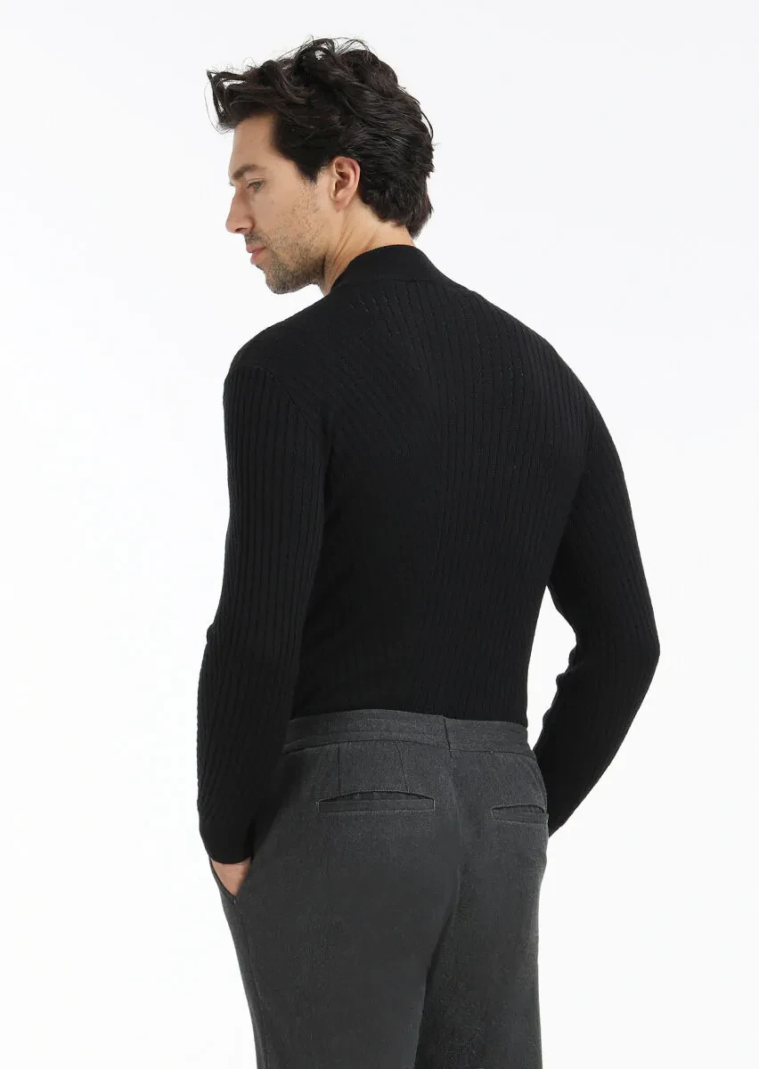 Siyah Bato Yaka Jakarlı Yün Karışımlı Triko Kazak - 5