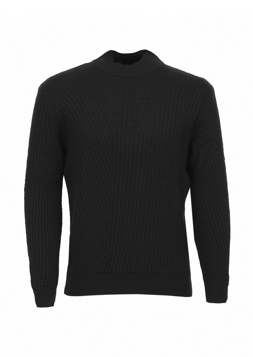 Siyah Bato Yaka Jakarlı Yün Karışımlı Triko Kazak - 6