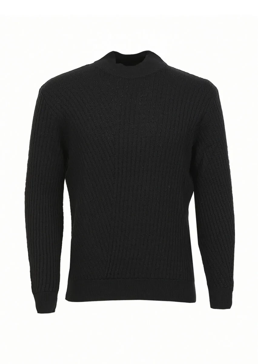 Siyah Bato Yaka Jakarlı Yün Karışımlı Triko Kazak - 6