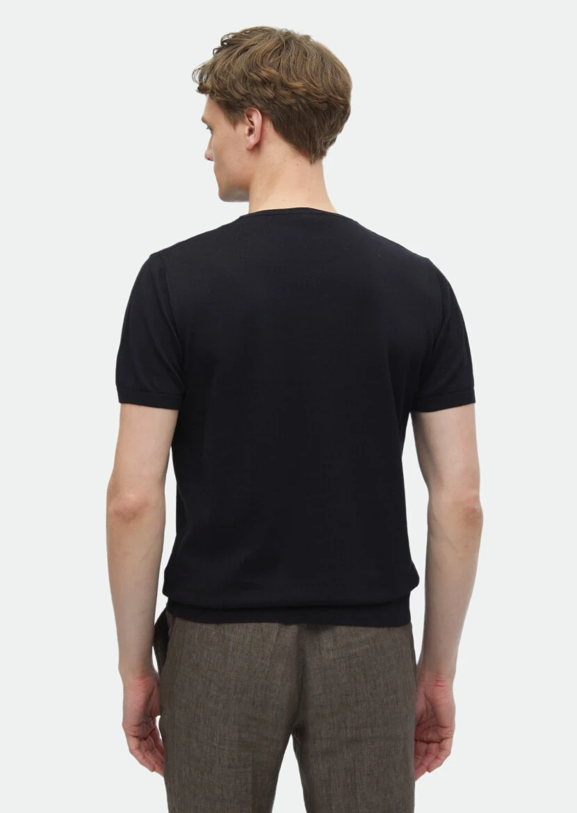 Siyah Bisiklet Yaka Düz Örgü %100 Pamuk Triko - 5