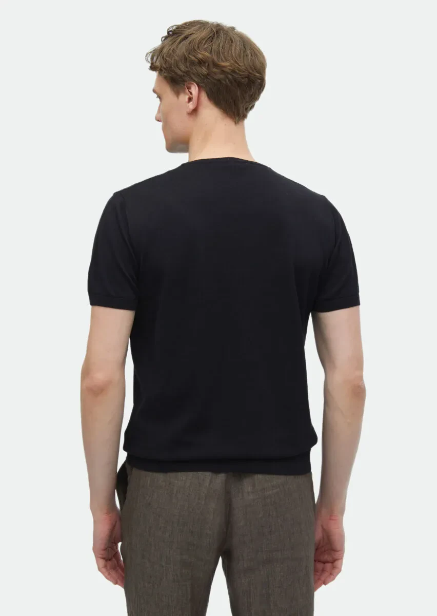 Siyah Bisiklet Yaka Düz Örgü %100 Pamuk Triko - 5