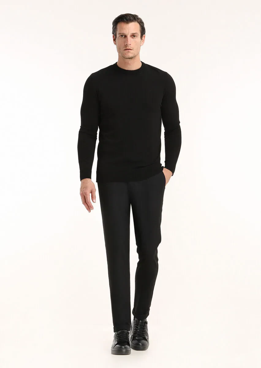 Siyah Bisiklet Yaka Düz Örgü Yün Karışımlı Triko Kazak - 1