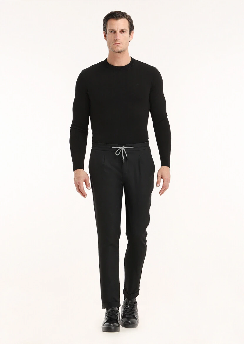 Siyah Bisiklet Yaka Düz Örgü Yün Karışımlı Triko Kazak 