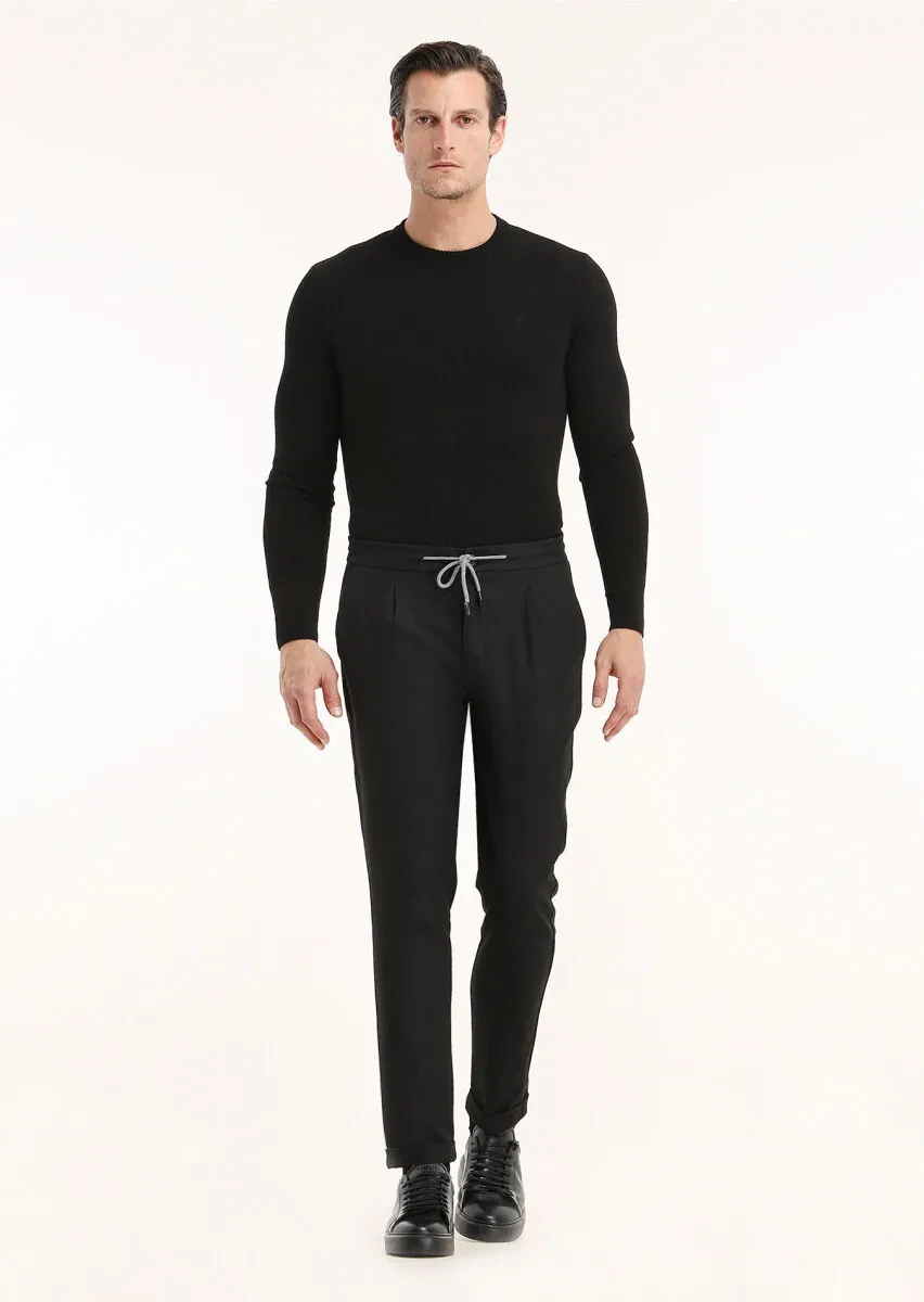 Siyah Bisiklet Yaka Düz Örgü Yün Karışımlı Triko Kazak - 2