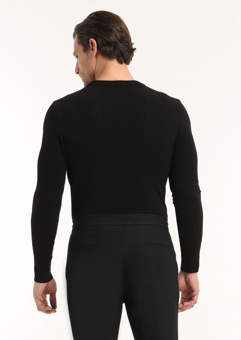 Siyah Bisiklet Yaka Düz Örgü Yün Karışımlı Triko Kazak - 5