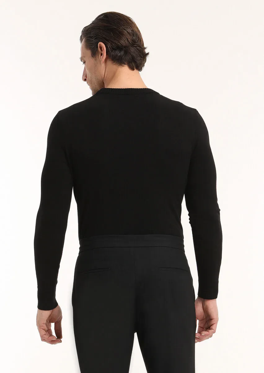 Siyah Bisiklet Yaka Düz Örgü Yün Karışımlı Triko Kazak - 5