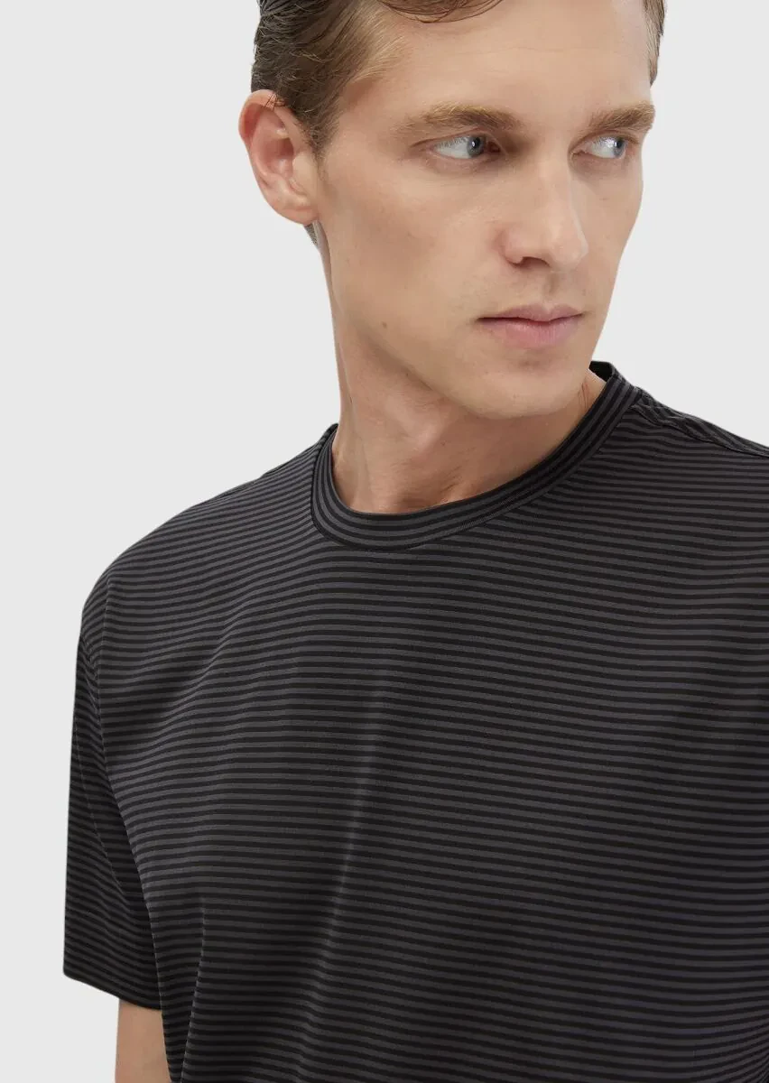 Siyah Çizgili Bisiklet Yaka %100 Pamuk T-Shirt - 3