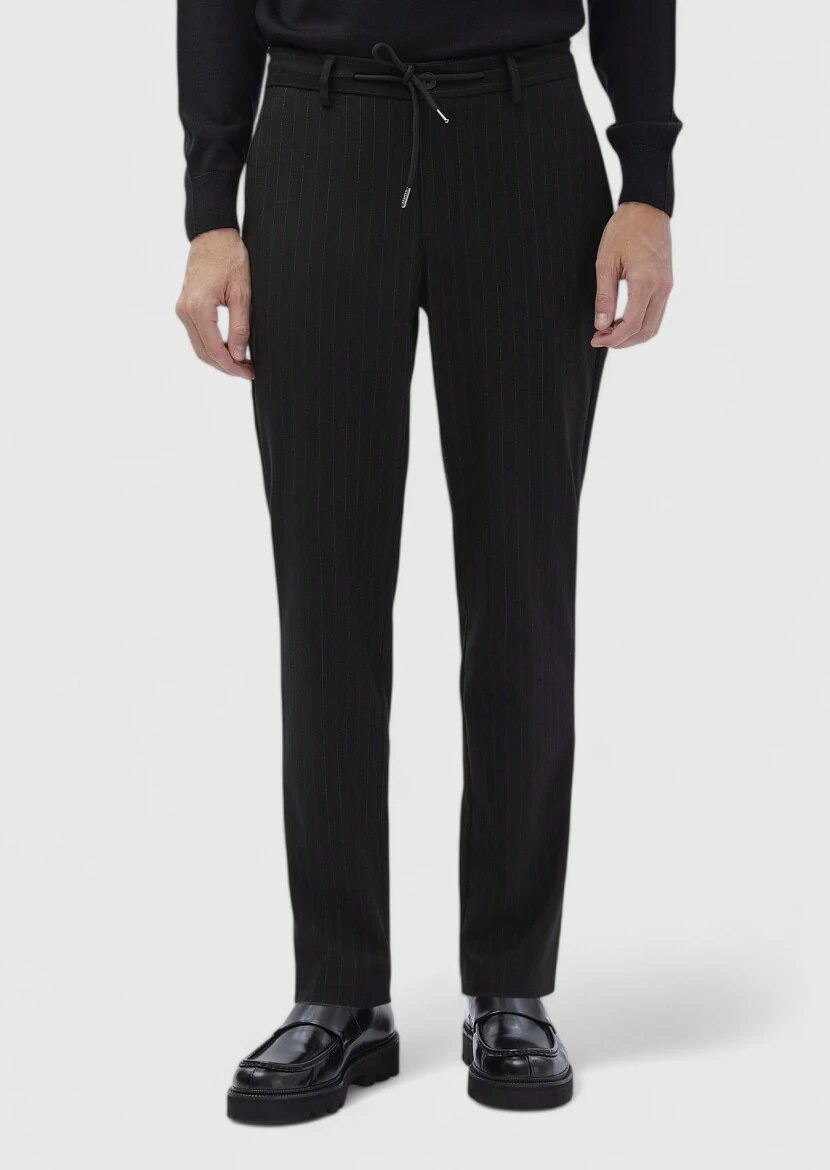 Siyah Çizgili Dokuma Jogging Fit Casual %100 Pamuk Pantolon - 2