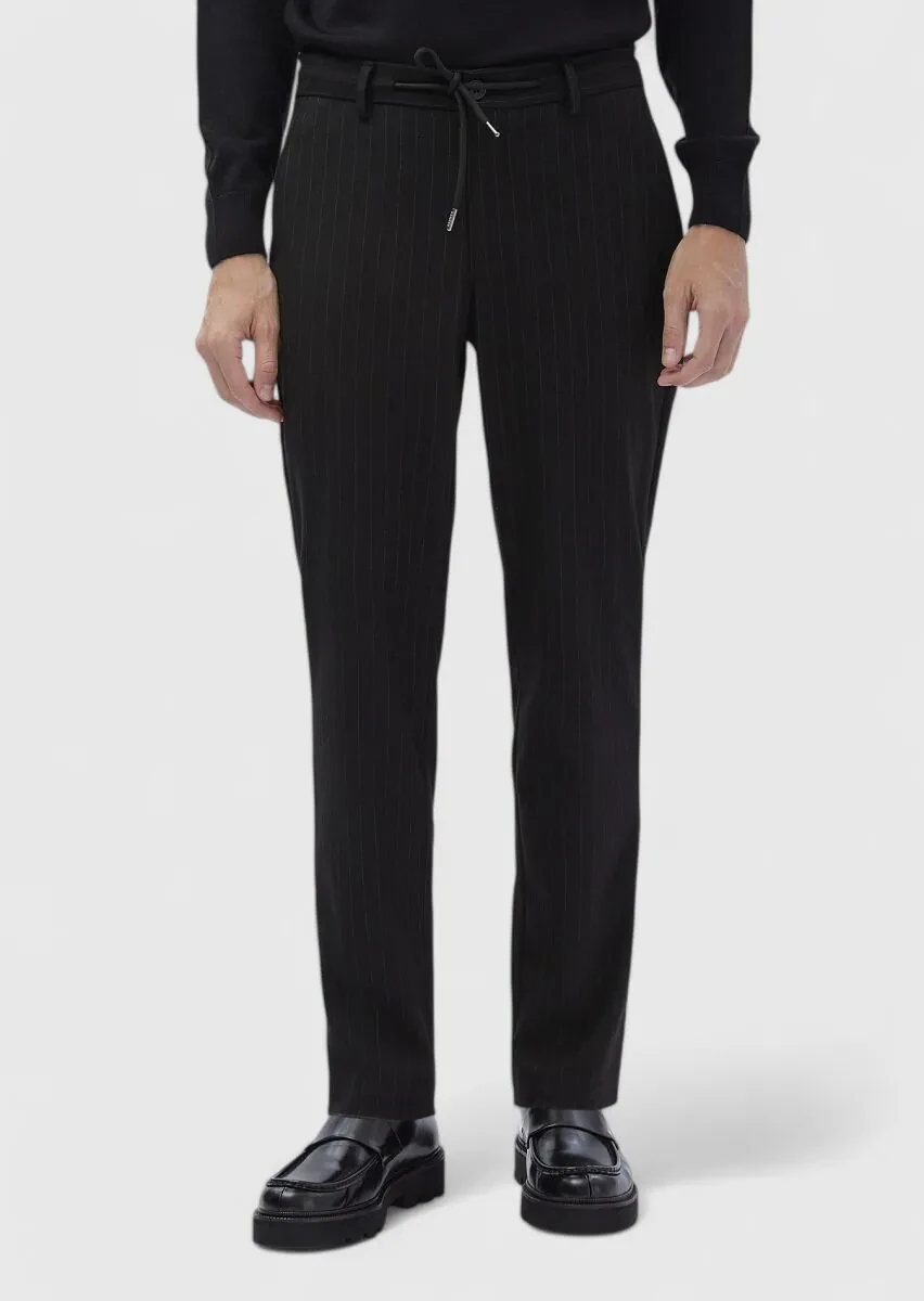 Siyah Çizgili Dokuma Jogging Fit Casual %100 Pamuk Pantolon - 2