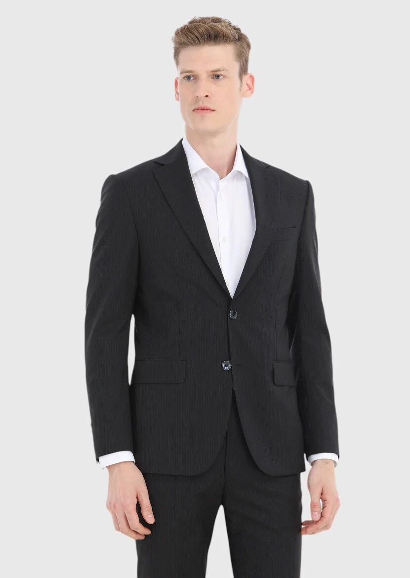 Siyah Çizgili Modern Fit %100 Yün Takım Elbise - 2