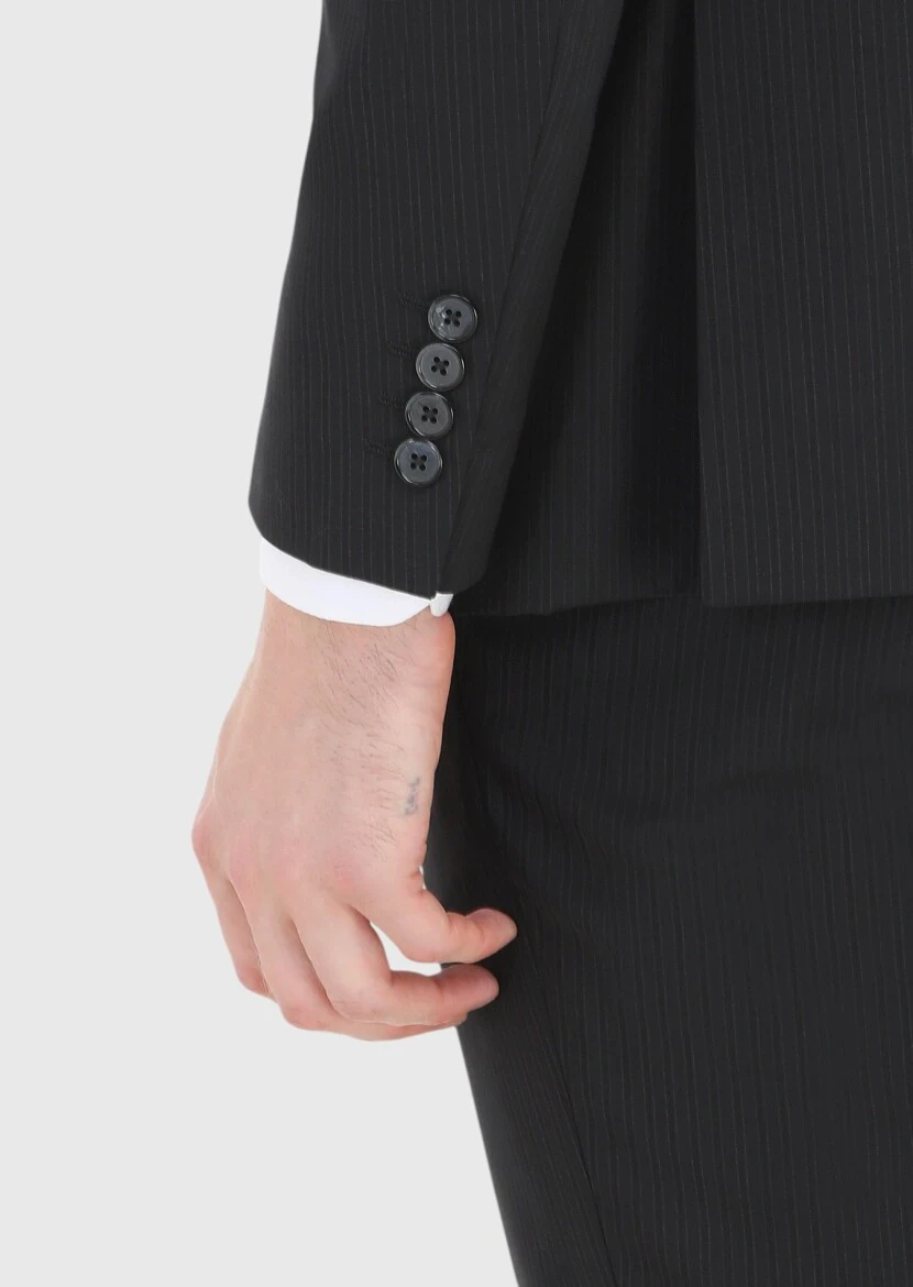 Siyah Çizgili Modern Fit %100 Yün Takım Elbise - 4