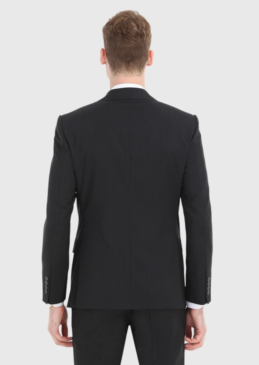 Siyah Çizgili Modern Fit %100 Yün Takım Elbise - 5