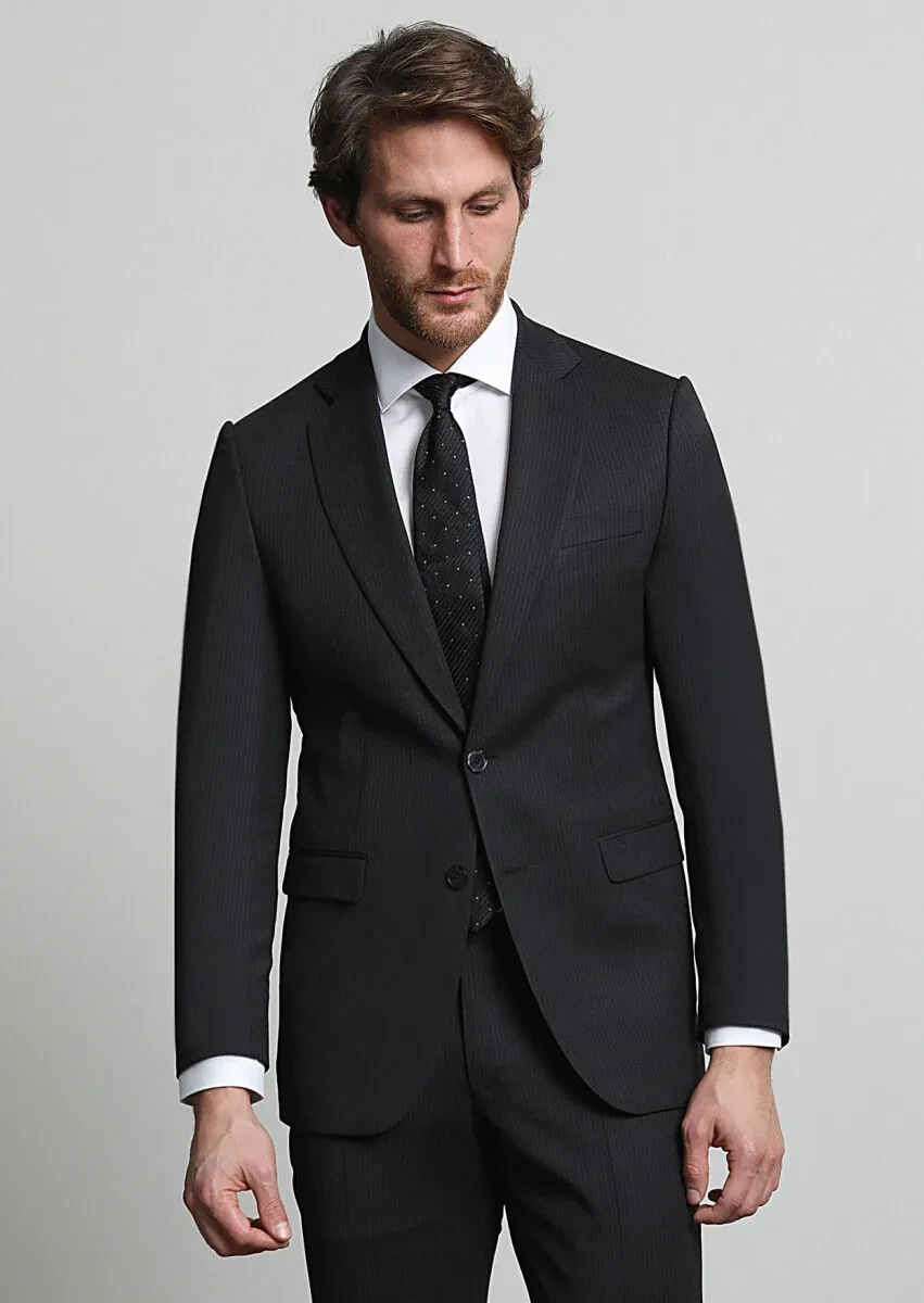 Siyah Çizgili Modern Fit Yün Karışımlı Takım Elbise - 3