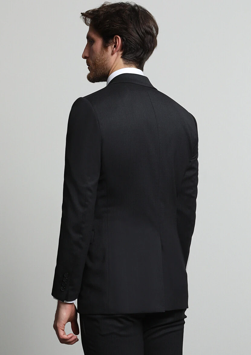 Siyah Çizgili Modern Fit Yün Karışımlı Takım Elbise - 4