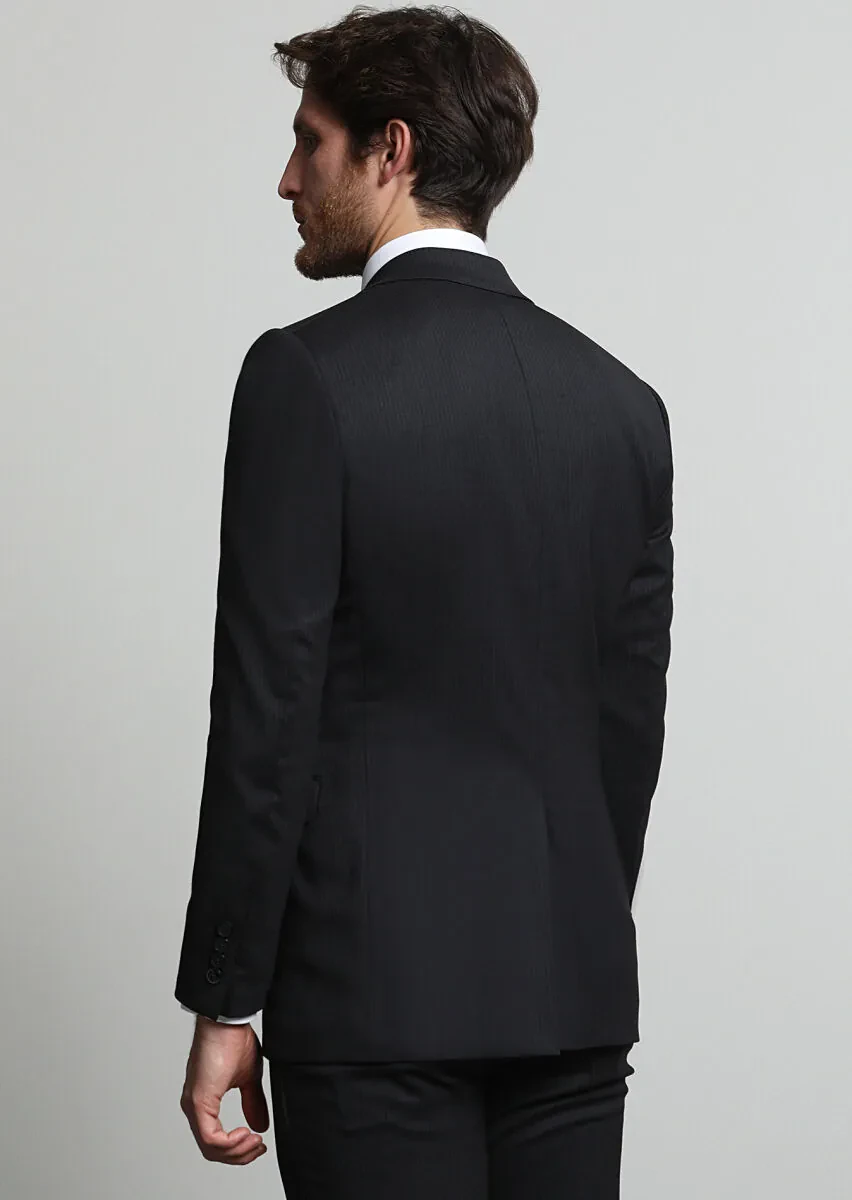 Siyah Çizgili Modern Fit Yün Karışımlı Takım Elbise - 4