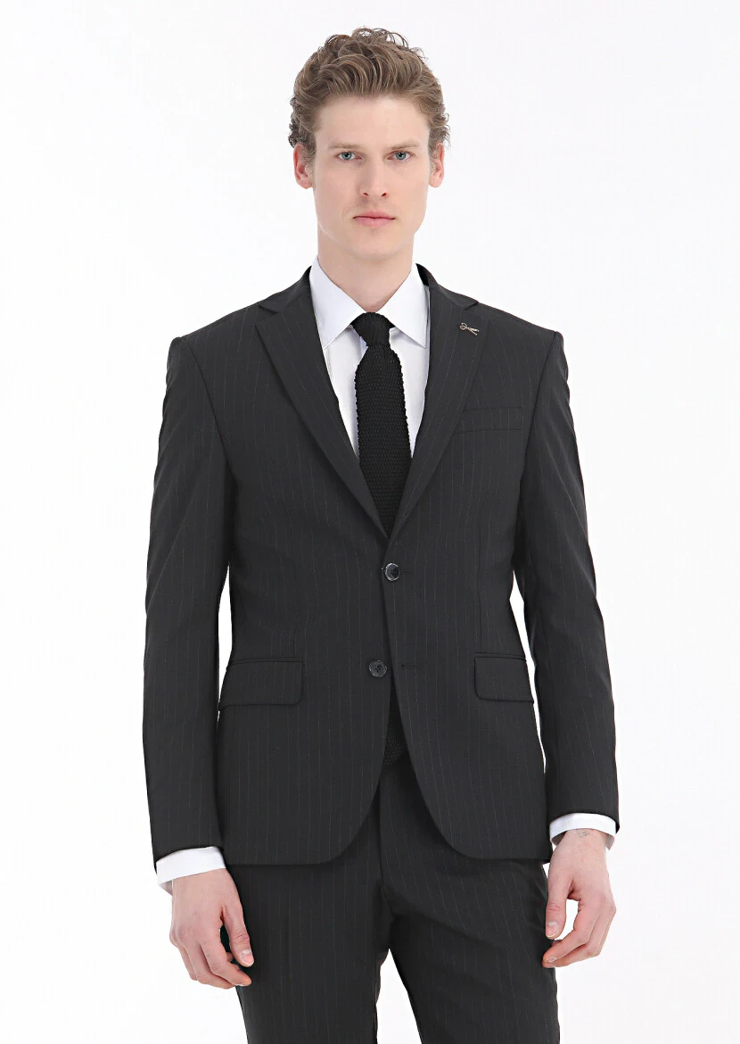 Siyah Çizgili Modern Fit Yün Karışımlı Takım Elbise - 5
