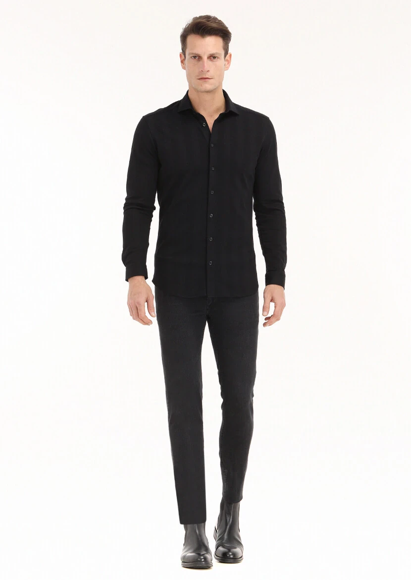 Siyah Çizgili Slim Fit Casual %100 Pamuk Gömlek - 1