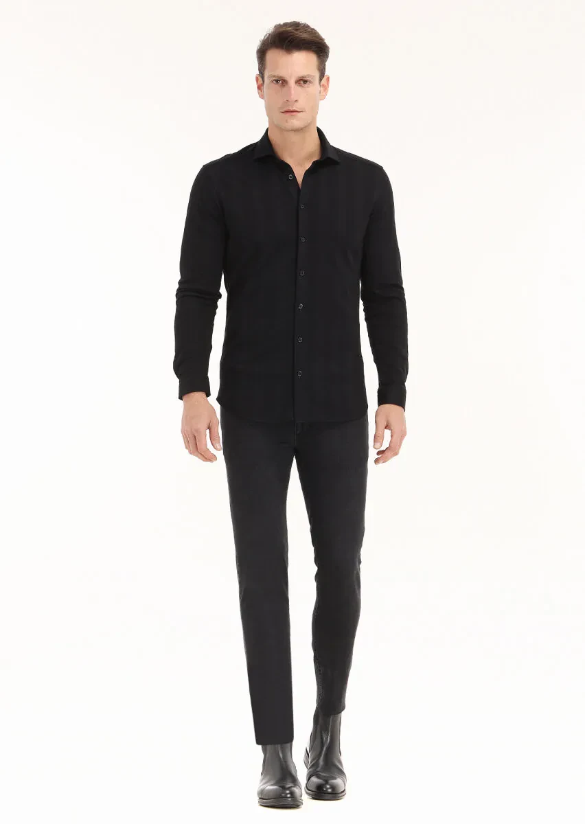 Siyah Çizgili Slim Fit Casual %100 Pamuk Gömlek - 1