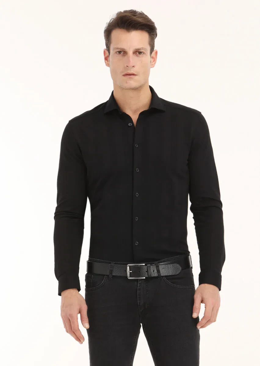 Siyah Çizgili Slim Fit Casual %100 Pamuk Gömlek - 2