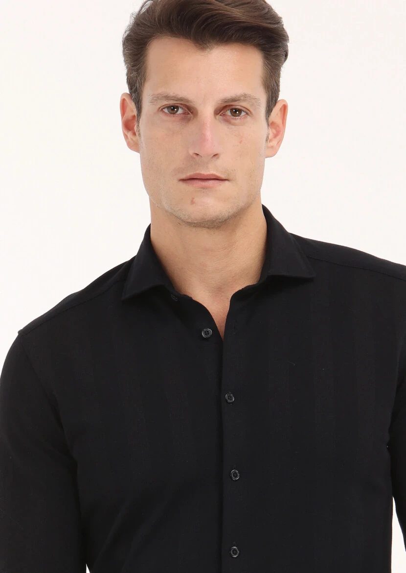 Siyah Çizgili Slim Fit Casual %100 Pamuk Gömlek - 3