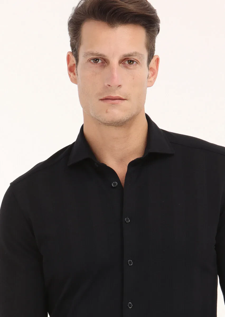 Siyah Çizgili Slim Fit Casual %100 Pamuk Gömlek - 3