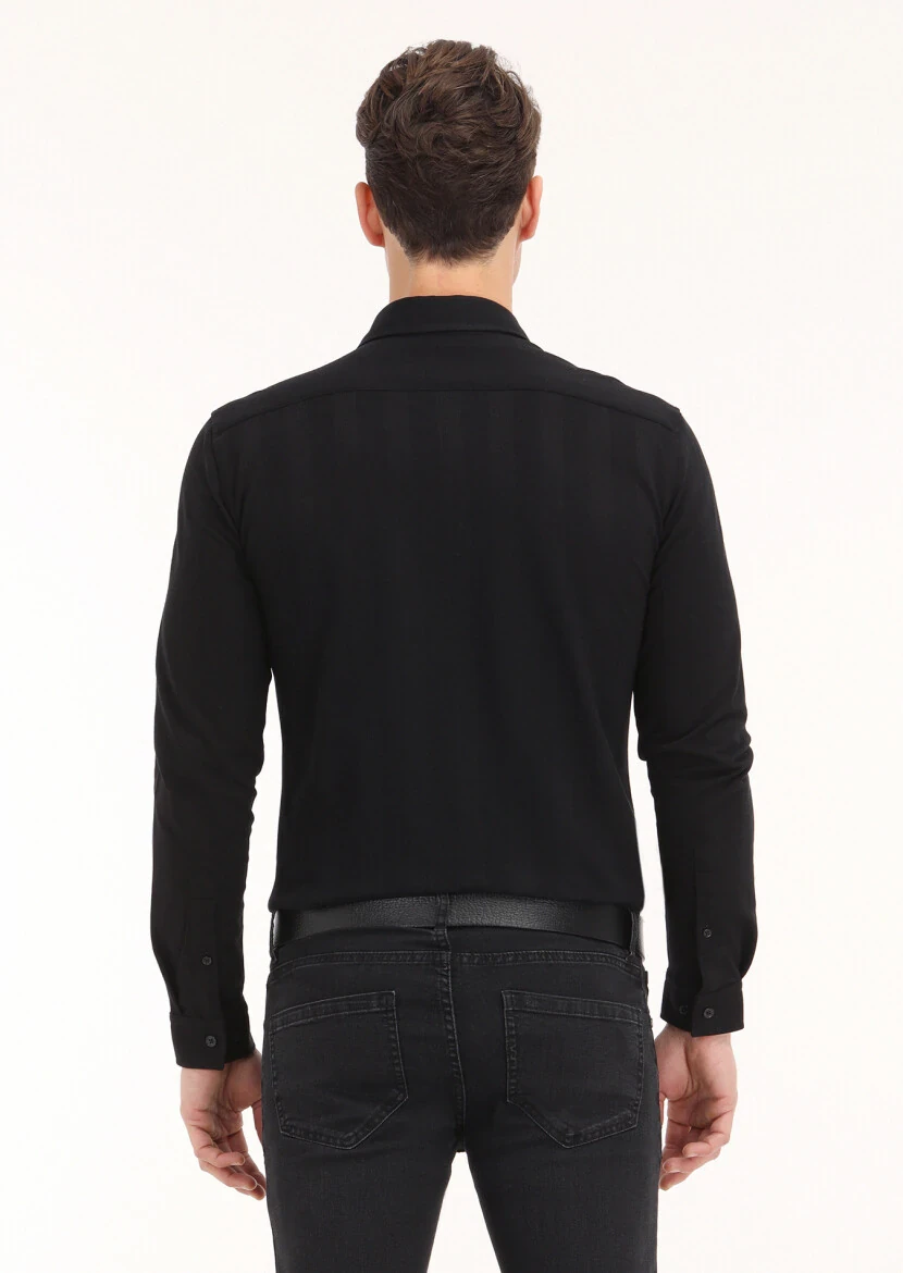 Siyah Çizgili Slim Fit Casual %100 Pamuk Gömlek - 4