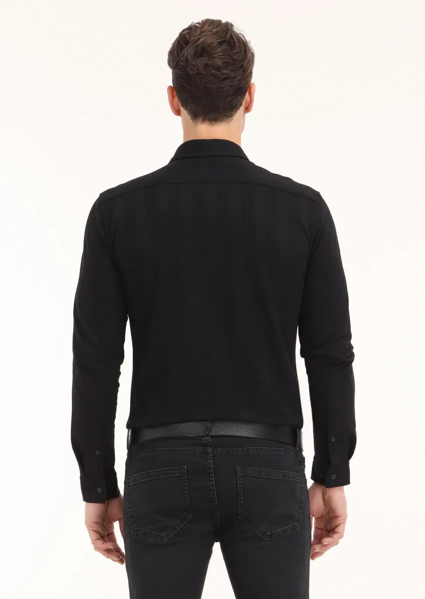 Siyah Çizgili Slim Fit Casual %100 Pamuk Gömlek - 4