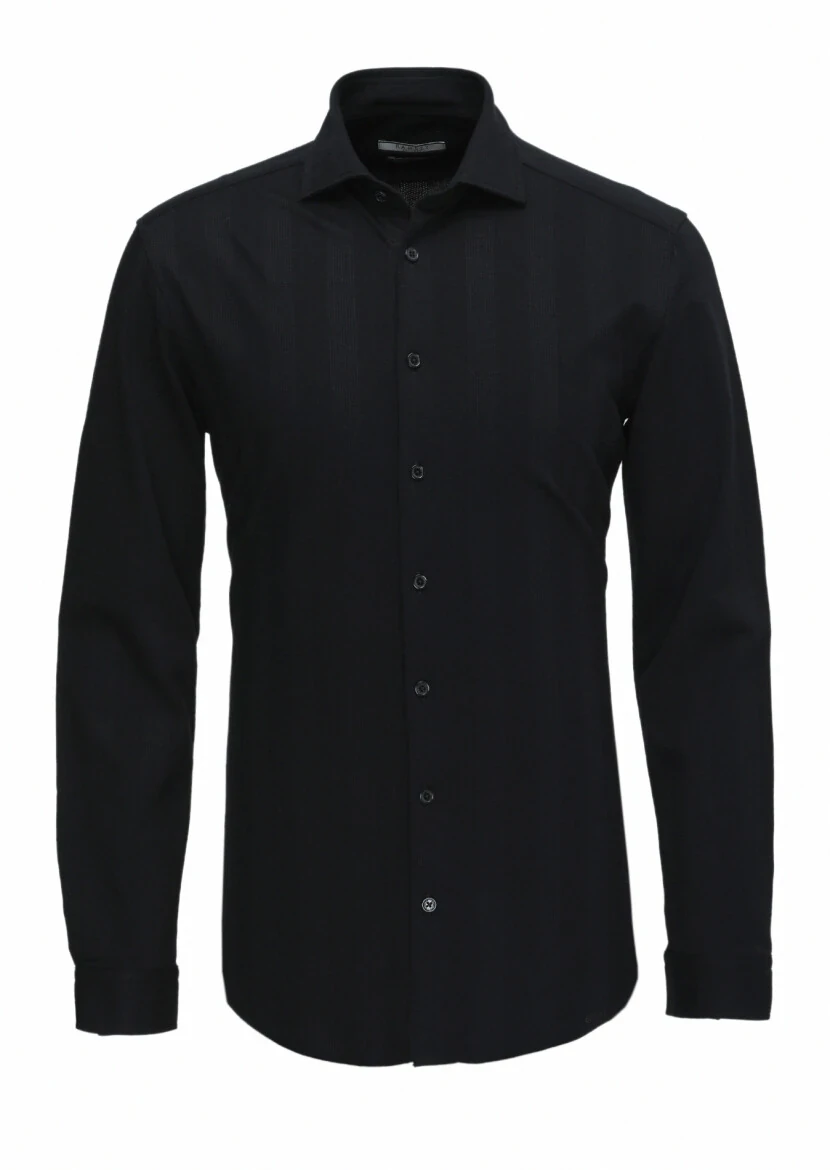 Siyah Çizgili Slim Fit Casual %100 Pamuk Gömlek - 5