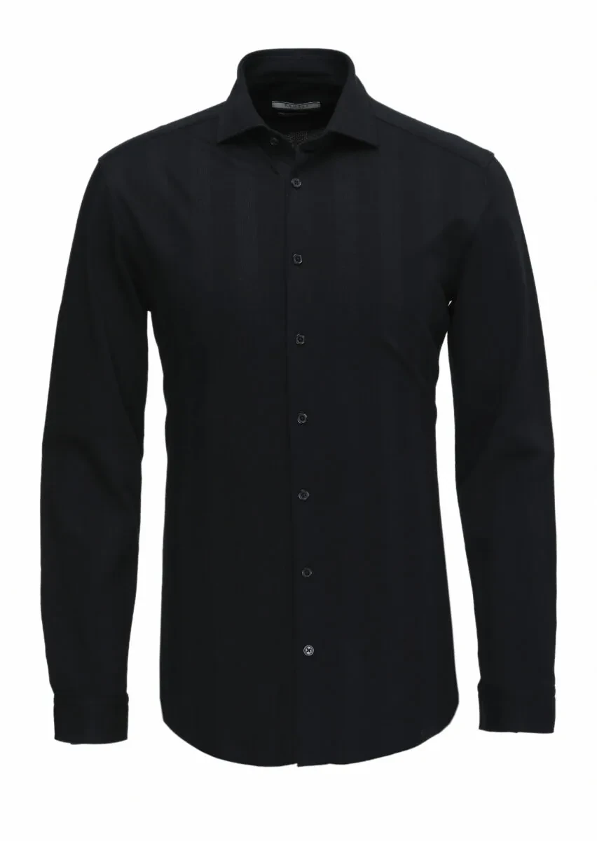 Siyah Çizgili Slim Fit Casual %100 Pamuk Gömlek - 5