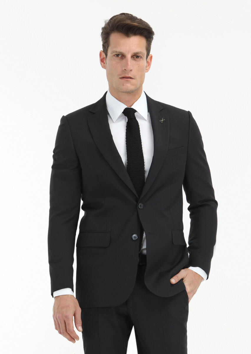 Siyah Çizgili Thin&taller Slim Fit %100 Yün Takım Elbise - 2