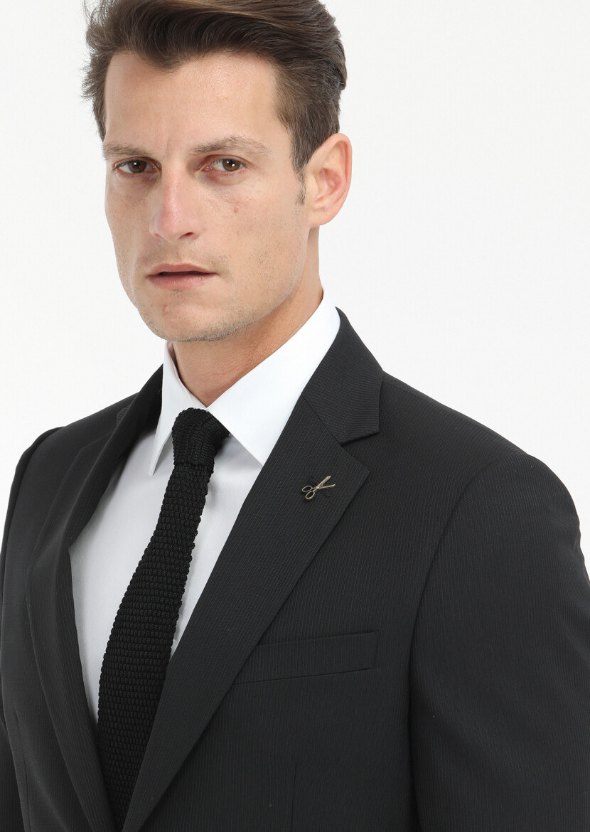 Siyah Çizgili Thin&taller Slim Fit %100 Yün Takım Elbise - 3