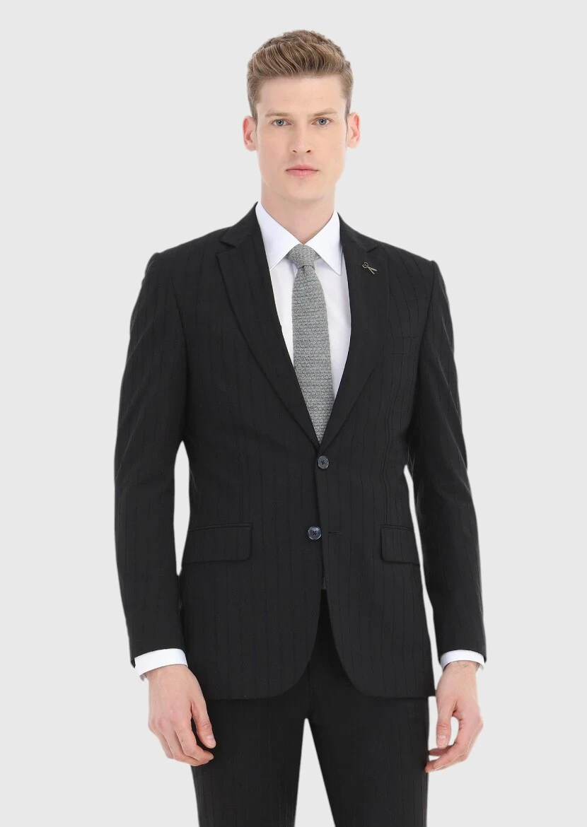 Siyah Çizgili Thin&taller Slim Fit Pamuk Karışımlı Takım Elbise - 2