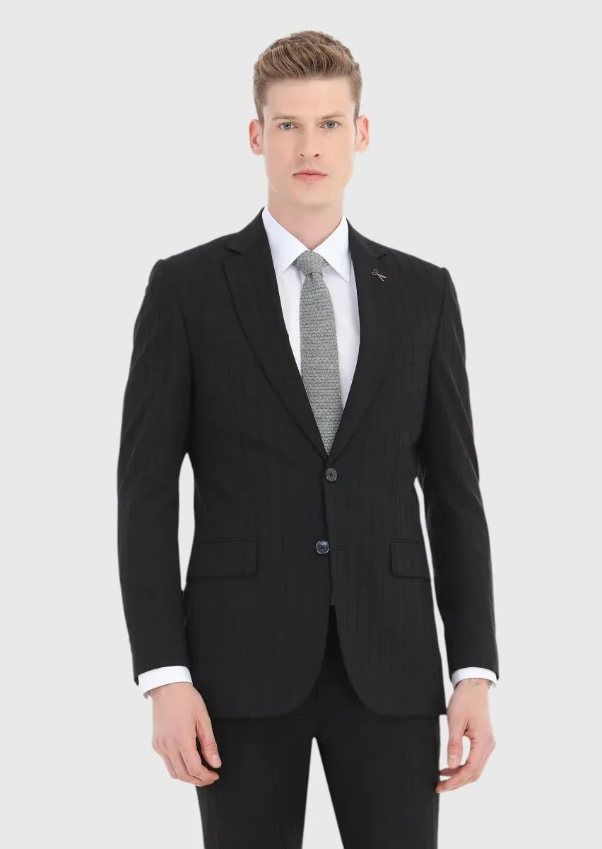 Siyah Çizgili Thin&taller Slim Fit Pamuk Karışımlı Takım Elbise - 2