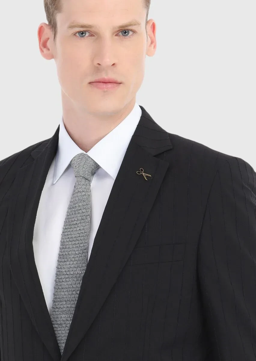 Siyah Çizgili Thin&taller Slim Fit Pamuk Karışımlı Takım Elbise - 3